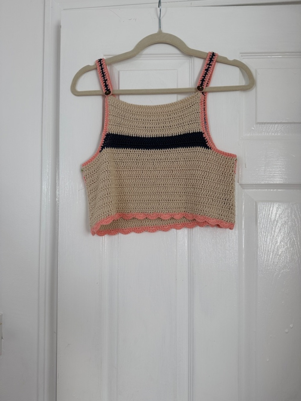 Crochet Crop Tank Top with Pink Trim and Navy Stripe